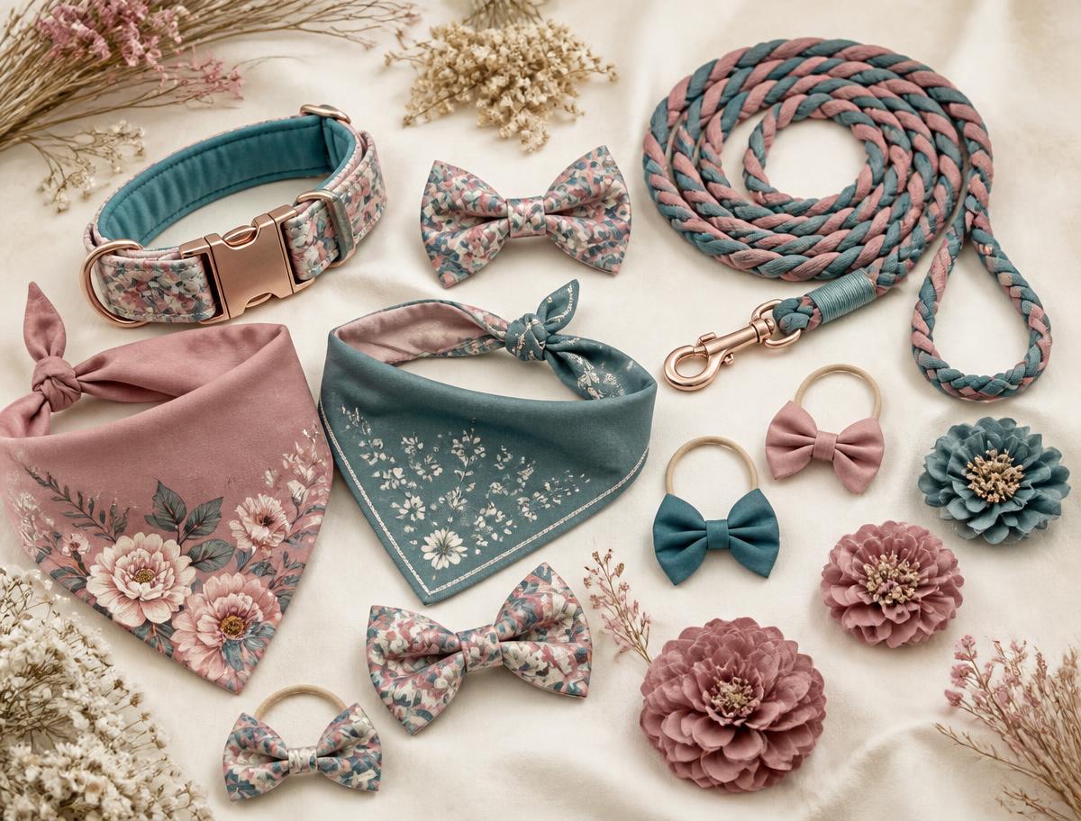 Pet bows, collars and bandanas laid out on cream linen
