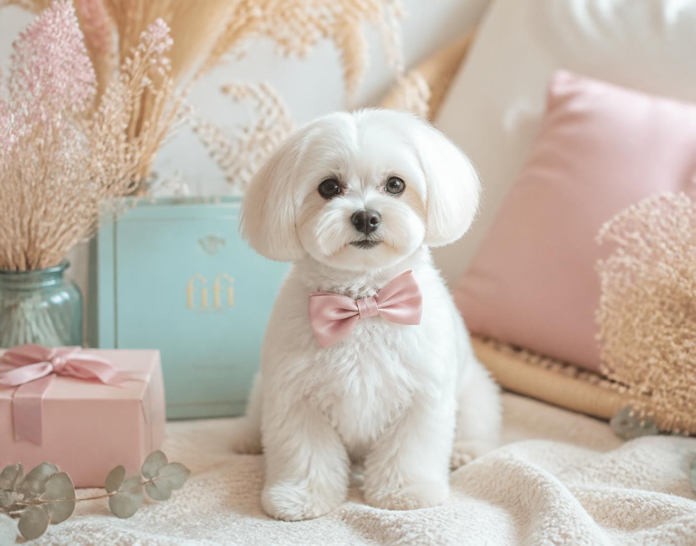 Small white dog wearing a pink satin bow tie